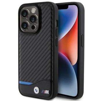 BMW iPhone 15 Pro vāciņš Leather Carbon, melns