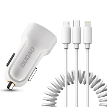 Dudao R7 automašīnas lādētājs 2x USB 2.4A ar 3-in-1 kabeli, balts