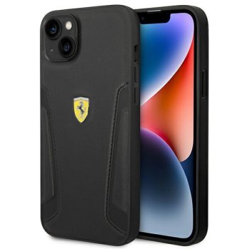 Ferrari iPhone 14 Plus vāciņš Leather Stamp Sides, melns