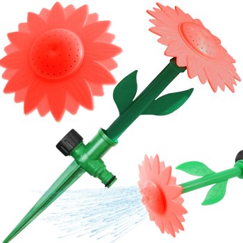 Dārza laistītājs ar saulespuķes uzgali, ar iespiežamu kātu, sarkans/zaļš