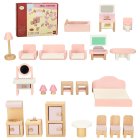 Wooden Dollhouse Furniture, 4-Room Set with 22 Accessories, Pink
