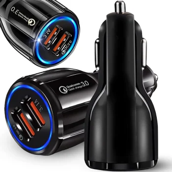 Auto lādētājs ar 2x USB QC 3.0, 12-24V, melns