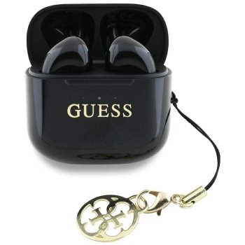 Guess Glossy Effect TWS austiņas ar izdrukātu klasisko logotipu un piekariņu – melnas