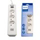 Pagarinātājs Philips SPN3032WA/60 ar 3 ligzdām un 2 USB portiem 2m 10A, balts