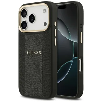 Guess iPhone 17 Pro vāciņš 4G PU Stripe MagSafe, melns