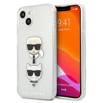 Karl Lagerfeld iPhone 13 mini vāciņš Glitter Karl's & Choupette, sudraba