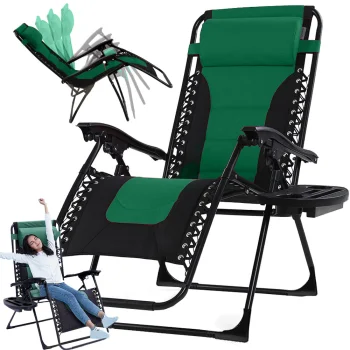 Folding Zero Gravity Garden Lounger with Soft Mattress and Table, Green/Black