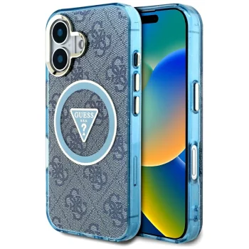 Чехол Guess IML Metal Glitter 4G Circle Triangle MagSafe для iPhone 16, Синий