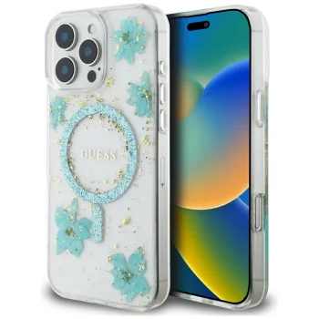 Guess Resin Flowers Glitter MagSafe vāciņš iPhone 16 Pro Max - caurspīdīgi zaļš | Case Clear Green