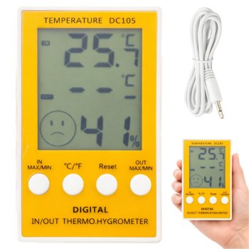 Digitālais termometrs un higrometrs ar zondi LCD displejs, dzeltens-balts