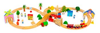 ECOTOYS 74-Piece Wooden Train Set with Tracks