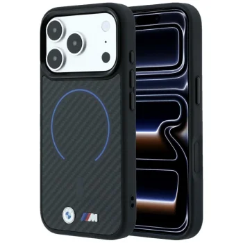 Чехол BMW M Kevlar Blue Print Ring MagSafe для iPhone 18 Pro / 17 Pro, черный