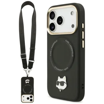 Чехол Karl Lagerfeld Big Strap Choupette Metal Logo MagSafe для iPhone 17 Pro — черный