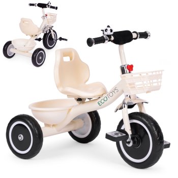 ECOTOYS Toddler Tricycle with Storage Baskets and Bell, Beige