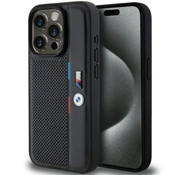 BMW iPhone 15 Pro vāciņš Perforated Tricolor Line, melns