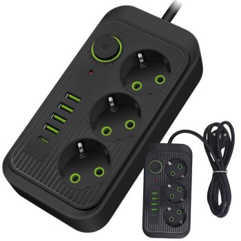 Сетевой фильтр с 3 розетками и USB портами, 4x USB-A 1x USB-C, 2м