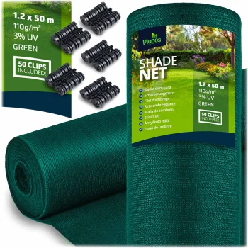 Plonos Shade Net 1.2x50 m 110 g/m² with 50 Green Clips