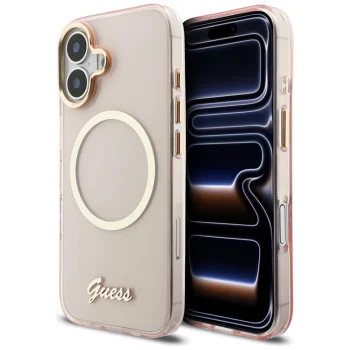 Чехол Guess IML Script Metal MagSafe для iPhone 17, Розовый