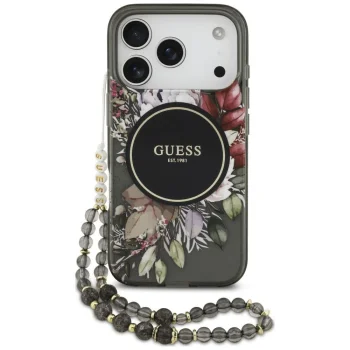 Guess IML Flowers Pearl Strap MagSafe ümbris iPhone 18 Pro ja 17 Pro jaoks, must