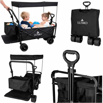 LUARO saliekamie transportēšanas ratiņi ar jumtiņu un tīklu, 120 l, melni
