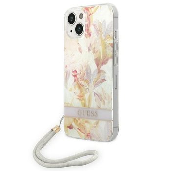 Guess Flower Strap iPhone 14 Plus 6.7 Case with Wristlet, Purple