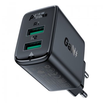 Acefast 2x USB Portable Wall Charger Adapter 18W, Black | Ātrās Uzlādes Ierīce Lādētājs Adapters