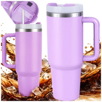 Large Thermal Mug 1.2L with Handle and Straw Stainless Steel, Purple