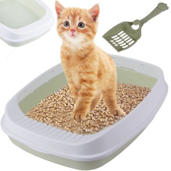 Open cat litter box with high rim and large scoop, green