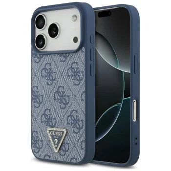 Guess Leather 4G Triangle Strass MagSafe vāciņš priekš iPhone 17 Pro — zils | Phone Case Cover