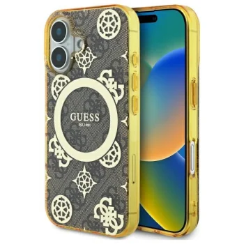 Чехол Guess для iPhone 16 IML Peony On 4G Background MagSafe, коричневый