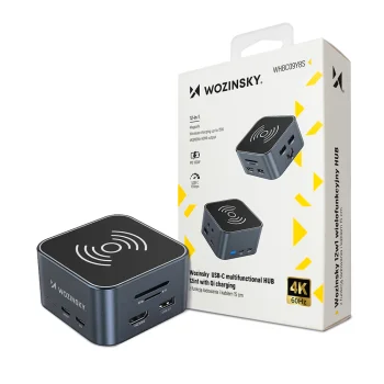 USB-C 12-in-1 Wozinsky WHBC09Y8S centrmezgls, multifunkcionāls ar bezvadu uzlādes funkciju, alumīnija, ar 15 cm...