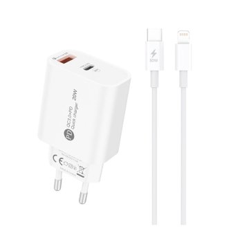 A6MaxL 20W USB-A USB-C sienas lādētājs ar 1 m USB-C – Lightning kabeli – balts