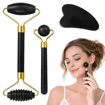 Nefrīta sejas masieris un rullītis 3 vienā ar Gua Sha akmeni, melns