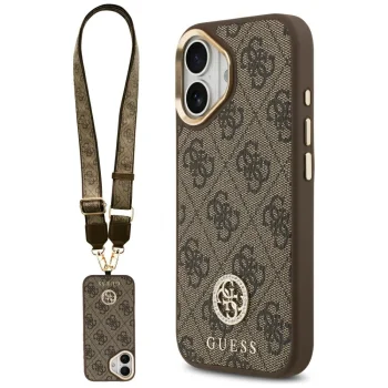 Чехол Guess 4G Strass Logo & Big Strap Metal Buttons MagSafe для iPhone 17, коричневый