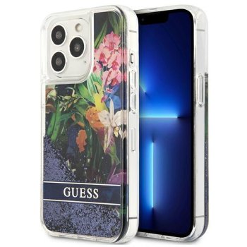 Guess iPhone 13 Pro / 13 vāciņš Flower Liquid Glitter Zils