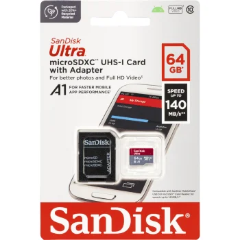 Карта памяти microSDXC SanDisk Ultra 64GB 140MB/s A1 U1 с адаптером (SDSQUAB-064G-GN6MA)