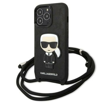 Karl Lagerfeld Leather Monogram Patch and Cord vāciņš iPhone 13 Pro / 13, Melns