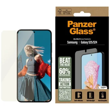 PanzerGlass viss vienā īpaši platais rūdītais stikls Samsung Galaxy S25 | All-In-One Ultra-Wide Fit Tempered Glass