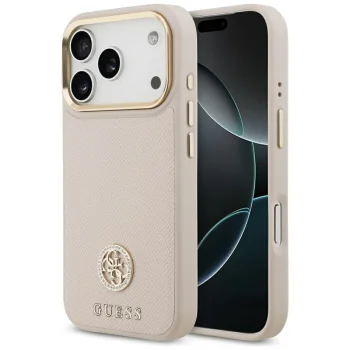 Guess iPhone 17 Pro vāciņš Grained PU Strass Logo MagSafe, rozā