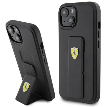 Ferrari iPhone 15 vāciņš Grip Stand Metal Logo, melns