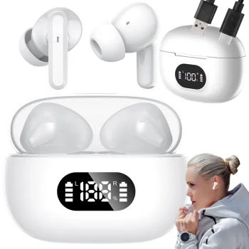 Bezvadu Bluetooth TWS ausiņas ar LED uzlādes kārbiņu un mikrofonu, baltas