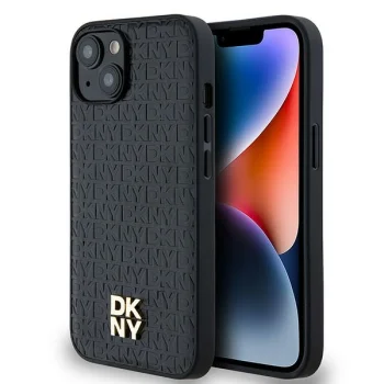 Чехол DKNY для iPhone 15 / 14 / 13 Leather Monogram Metal Logo MagSafe, черный