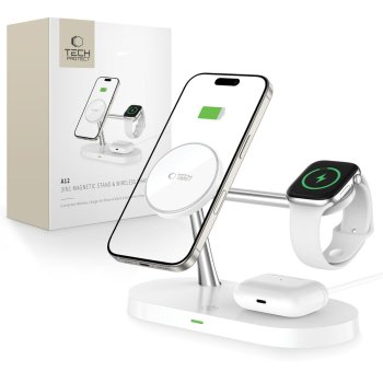 Tech-Protect A12 3in1 MagSafe induktīvā lādētāja stacija viedtālrunim/austiņām/viedpulkstenim – balta