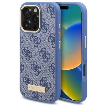 Чехол Guess для iPhone 16 Pro 4G Logo Plate MagSafe, синий