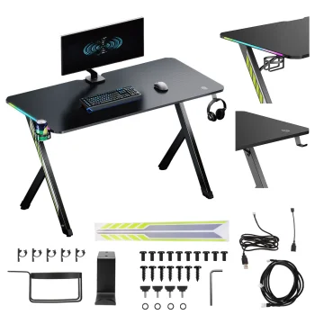 Геймерский стол NanoRS RS102 с RGB подсветкой, 120x60 см, Черный