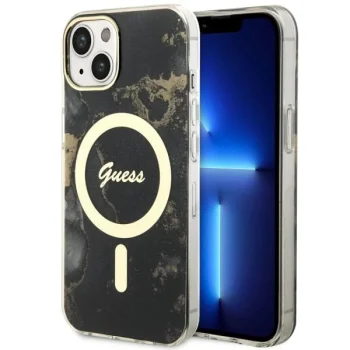 Guess iPhone 14 Plus чехол Golden Marble MagSafe, черный