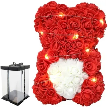 Мишка из роз с сердцем и LED подсветкой, 23 см, красный