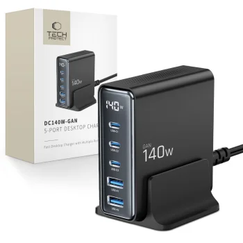 Tech-Protect DC140W-GAN 5-portu GaN lādētājs PD140W / QC3.0 melns