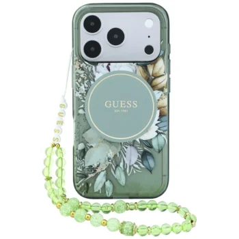 Guess IML Flowers Pearl Strap MagSafe ümbris iPhone 18 Pro / 17 Pro jaoks, roheline