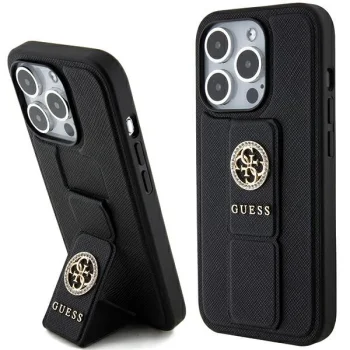 Guess iPhone 15 Pro Max vāciņš Grip Stand 4G Saffiano Strass, melns